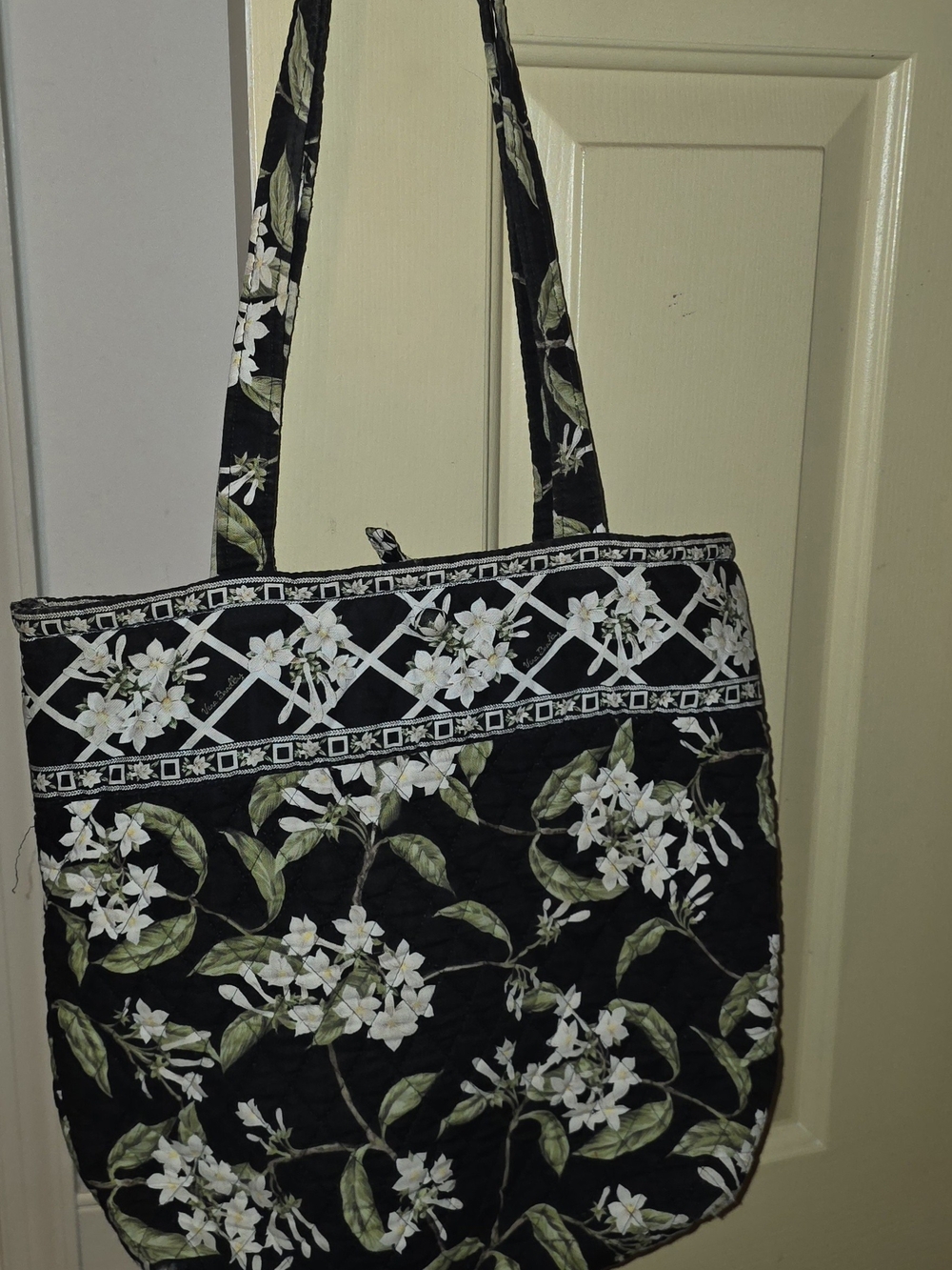 Vera Bradley Floral Quilted Black Tote Bag with White Blossom Print